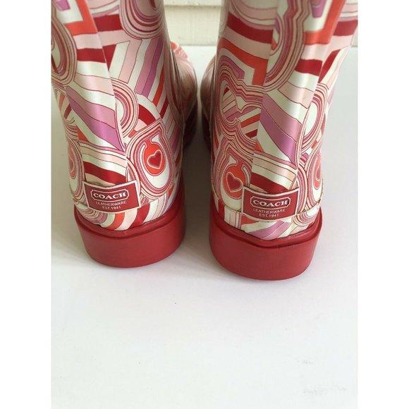 COACH❤️RED/PINK PAISLEY Monogram Rubber RAIN BOOTS - Picture 4 of 10